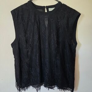 Ryegrass Womens Black Floral Lace Sleeveless Mock Neck Top Large Keyhole Back